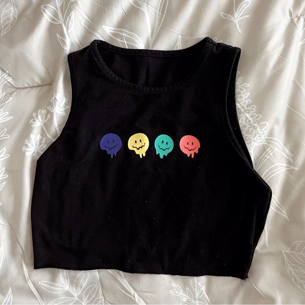 Trendy Black Crop Top with Colorful Smiley Faces